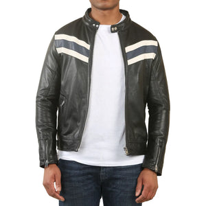 Męska czarna skórzana kurtka motocyklowa z paskami wyścigowymi - Niebieski - Infinity Leather - 8