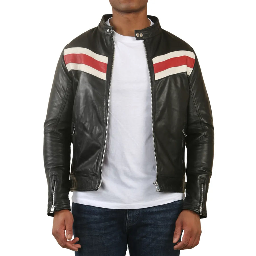 Męska czarna skórzana kurtka motocyklowa z paskami wyścigowymi - Czerwony - Infinity Leather - 1