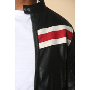 Męska czarna skórzana kurtka motocyklowa z paskami wyścigowymi - Czerwony - Infinity Leather - 5