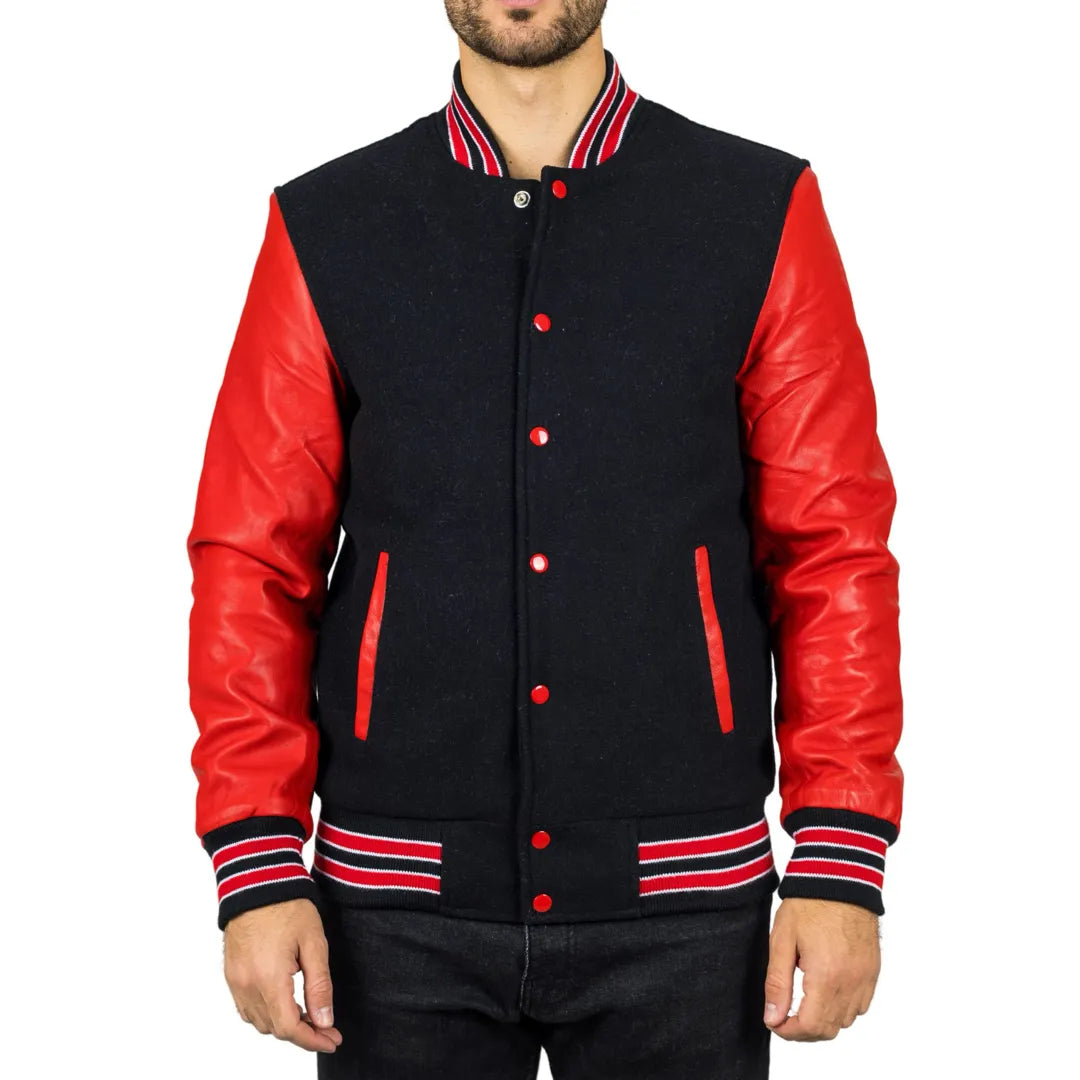 Herren Schwarz Rot Varsity Bomberjacke - Infinity Leather - 1