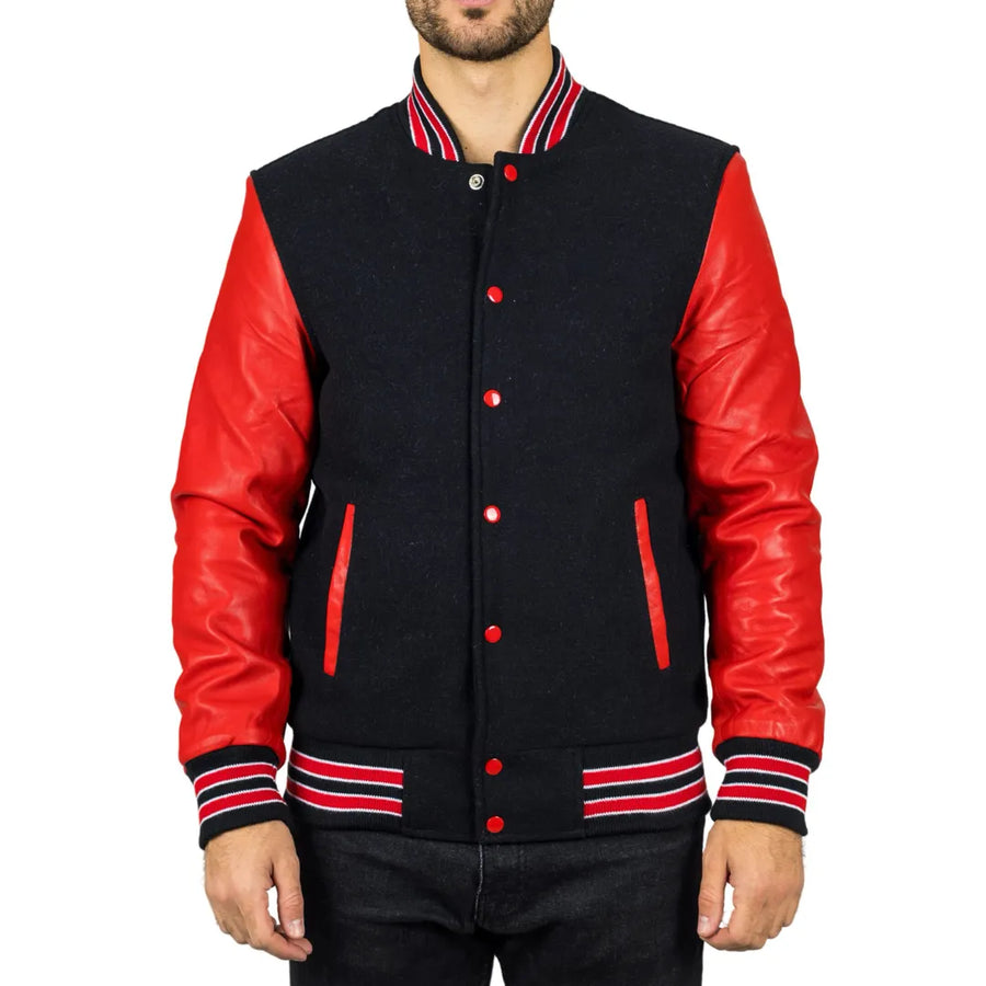 Herren Schwarz Rot Varsity Bomberjacke - Infinity Leather - 1
