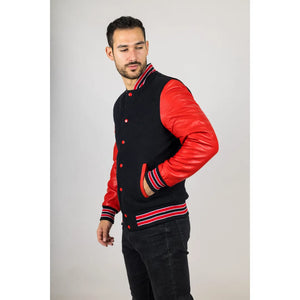 Herren Schwarz Rot Varsity Bomberjacke - Infinity Leather - 5