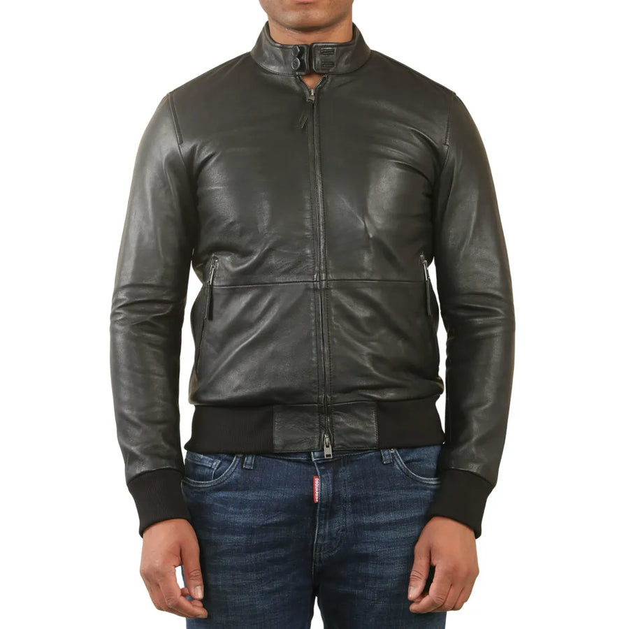 Kurtka bomber męska czarna ze skóry naturalnej w stylu retro - Infinity Leather - 1