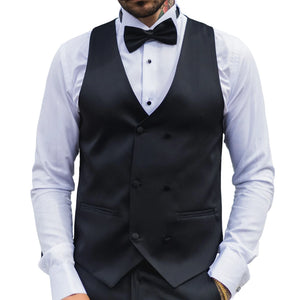 Men's Black Satin Double Breasted Waistcoat Black Tie Dinner Vest - TruClothing.com - 1