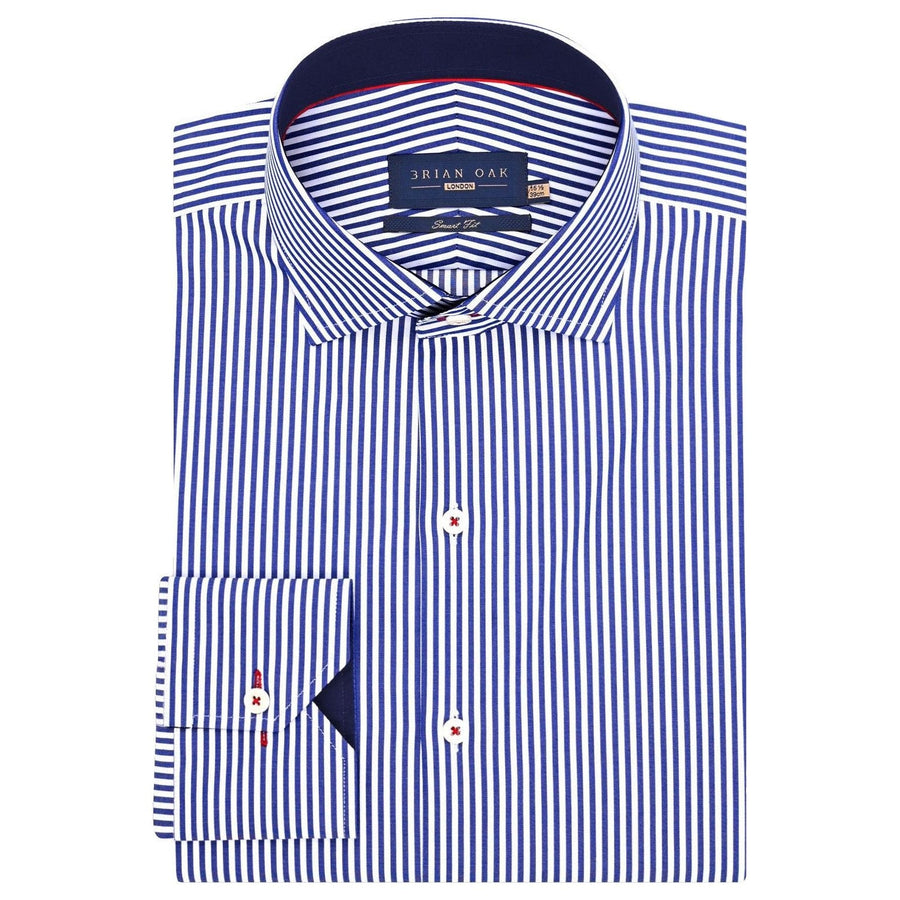 Men's Blue & White Striped Twill Formal Shirt with Contrast Trim - Brian Oak - 1