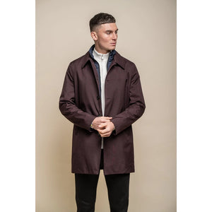 Men's Brando Mac Overcoat Jacket High Collar Zip Button - Burgundy - House of Cavani - 17