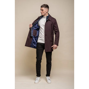 Men's Brando Mac Overcoat Jacket High Collar Zip Button - Burgundy - House of Cavani - 18