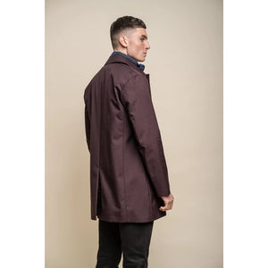 Men's Brando Mac Overcoat Jacket High Collar Zip Button - Burgundy - House of Cavani - 19