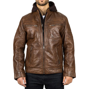 Męska brązowa kurtka motocyklowa z prawdziwej skóry z kapturem - Infinity Leather - 1