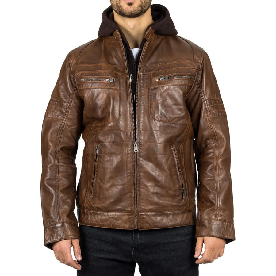 Męska brązowa kurtka motocyklowa z prawdziwej skóry z kapturem - Infinity Leather - 1