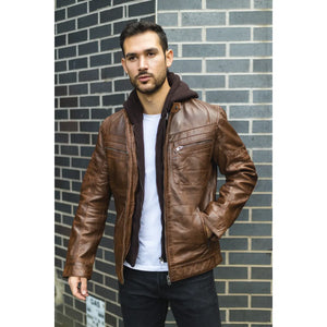 Męska brązowa kurtka motocyklowa z prawdziwej skóry z kapturem - Infinity Leather - 2