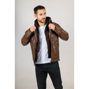 Męska brązowa kurtka motocyklowa z prawdziwej skóry z kapturem - Infinity Leather - 4