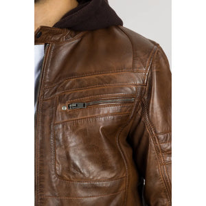 Męska brązowa kurtka motocyklowa z prawdziwej skóry z kapturem - Infinity Leather - 6