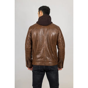 Męska brązowa kurtka motocyklowa z prawdziwej skóry z kapturem - Infinity Leather - 7