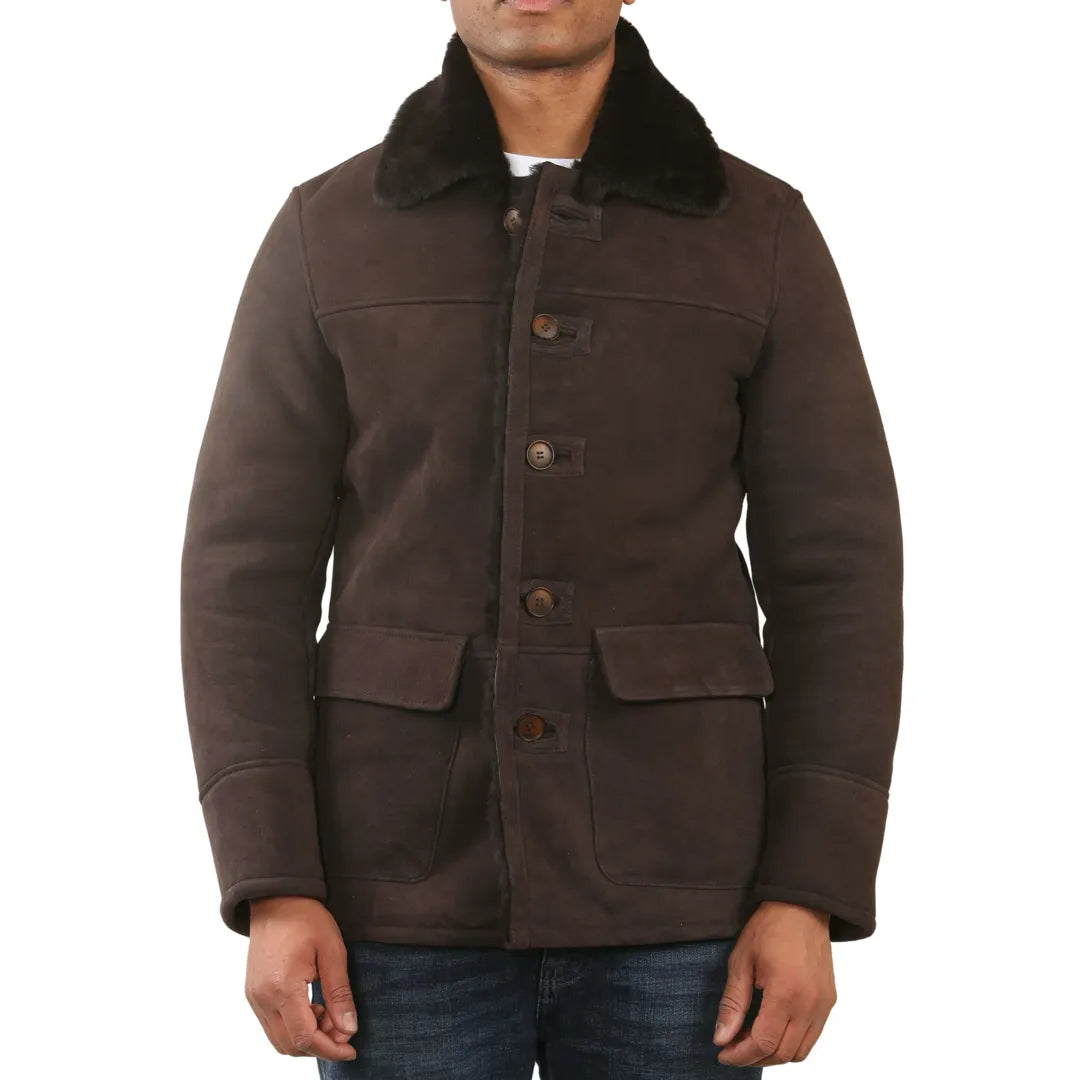 Abrigo de coche de piel de oveja de shearling marrón para hombres - Infinity Leather - 1
