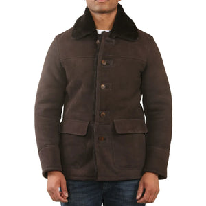 Abrigo de coche de piel de oveja de shearling marrón para hombres - Infinity Leather - 1