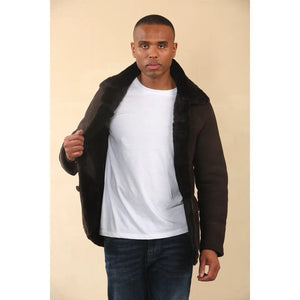 Abrigo de coche de piel de oveja de shearling marrón para hombres - Infinity Leather - 4