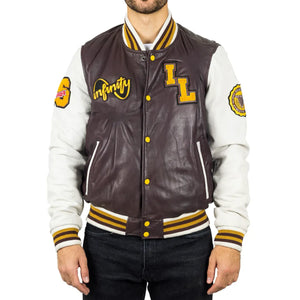 Bordowa kurtka bomberka męska skórzana w stylu akademickim - Infinity Leather - 1
