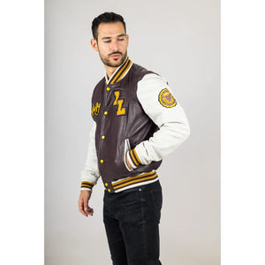 Bordowa kurtka bomberka męska skórzana w stylu akademickim - Infinity Leather - 4