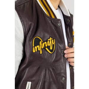 Bordowa kurtka bomberka męska skórzana w stylu akademickim - Infinity Leather - 5
