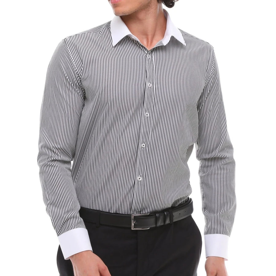 Herren Button Down Streifen Kleid Hemd Smart Formell Klassisch Kragen - Schwarz - Ecca - 1