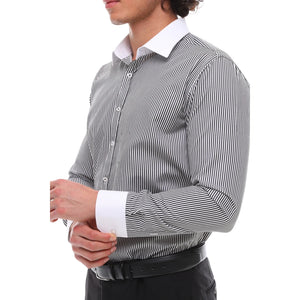 Herren Button Down Streifen Kleid Hemd Smart Formell Klassisch Kragen - Schwarz - Ecca - 4