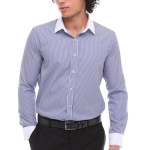 Herren Button Down Streifen Kleid Hemd Smart Formell Klassisch Kragen - Blau - Ecca - 21