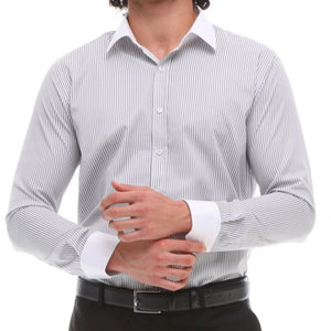 Herren Button Down Streifen Kleid Hemd Smart Formell Klassisch Kragen - Grau - Ecca - 11