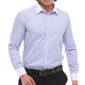 Herren Button Down Streifen Kleid Hemd Smart Formell Klassisch Kragen - Hellblau - Ecca - 6