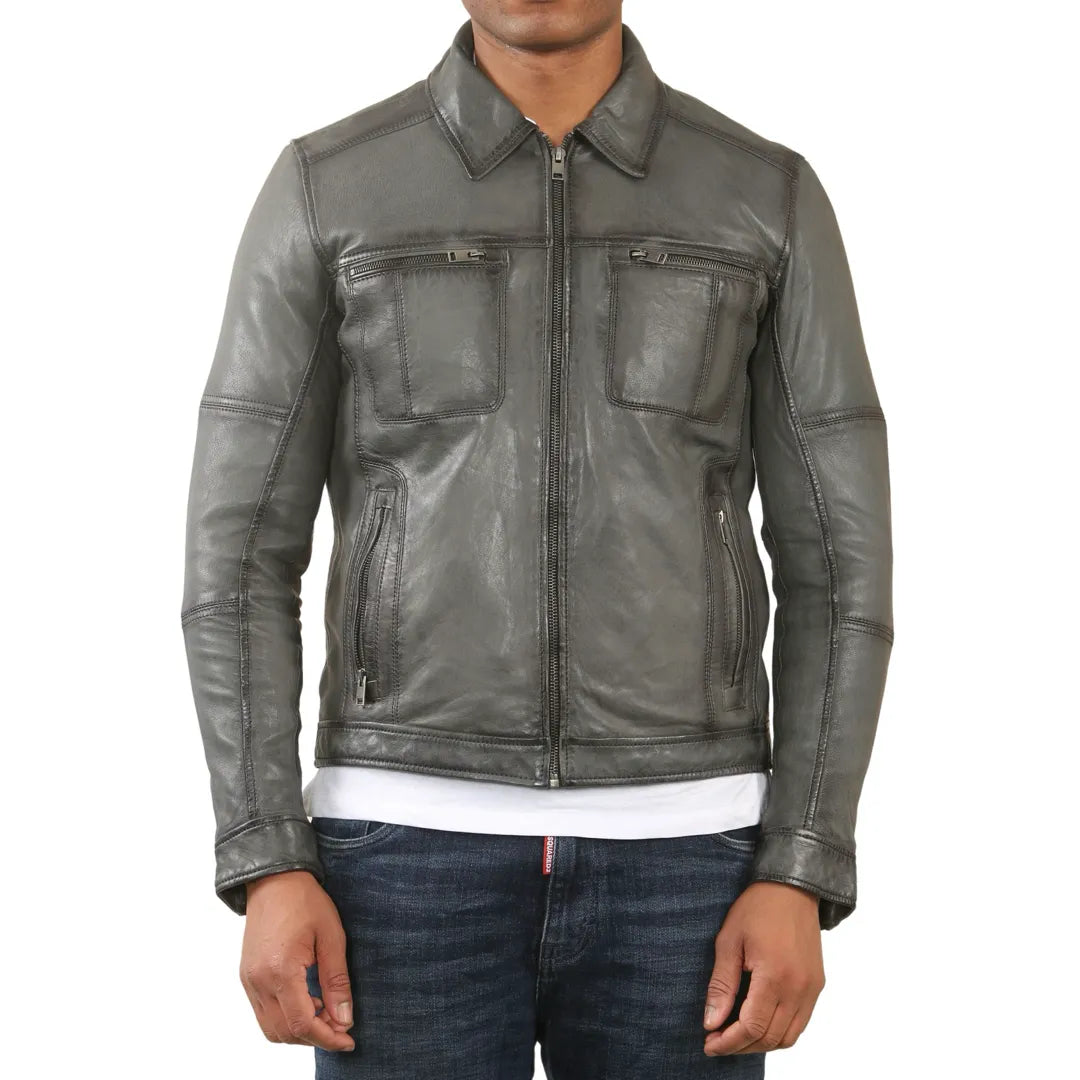 Męska klasyczna skórzana kurtka motocyklowa z kołnierzem - Szary - Infinity Leather - 1