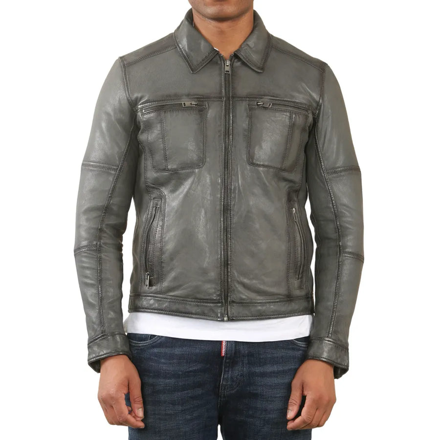 Męska klasyczna skórzana kurtka motocyklowa z kołnierzem - Szary - Infinity Leather - 1