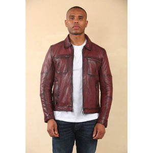 Męska klasyczna skórzana kurtka motocyklowa z kołnierzem - Czerwony - Infinity Leather - 17