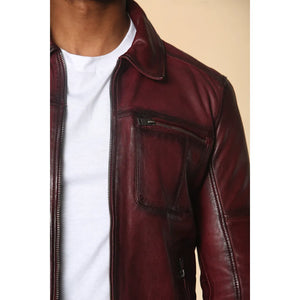 Męska klasyczna skórzana kurtka motocyklowa z kołnierzem - Czerwony - Infinity Leather - 19