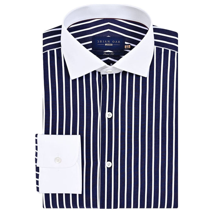 Men's Contrast Collar Striped Navy Formal Shirt - Brian Oak - 1