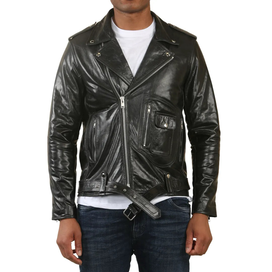 Chaqueta de cuero de motorista Brando con cremallera cruzada de piel de vaca para hombre - Negro - Infinity Leather - 1