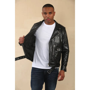 Chaqueta de cuero de motorista Brando con cremallera cruzada de piel de vaca para hombre - Negro - Infinity Leather - 4