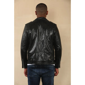 Chaqueta de cuero de motorista Brando con cremallera cruzada de piel de vaca para hombre - Negro - Infinity Leather - 7