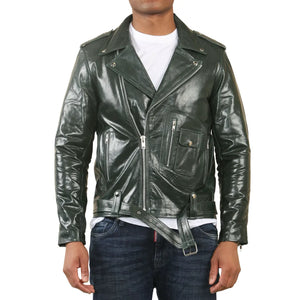 Chaqueta de cuero de motorista Brando con cremallera cruzada de piel de vaca para hombre - Verde - Infinity Leather - 15