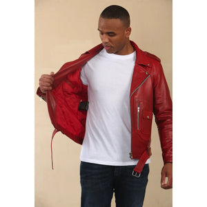 Chaqueta de cuero de motorista Brando con cremallera cruzada de piel de vaca para hombre - Rojo - Infinity Leather - 11