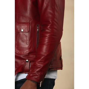 Chaqueta de cuero de motorista Brando con cremallera cruzada de piel de vaca para hombre - Rojo - Infinity Leather - 12