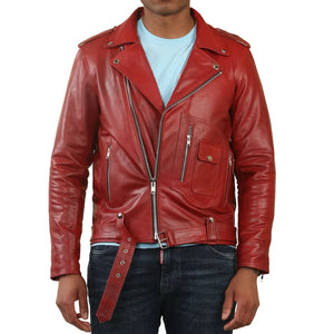 Chaqueta de cuero de motorista Brando con cremallera cruzada de piel de vaca para hombre - Rojo - Infinity Leather - 8