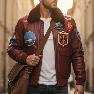 Herren Lederjacke aus Rindsleder Top Gun Maverick Aviator Bomberjacke - Rot - Infinity Leather - 2
