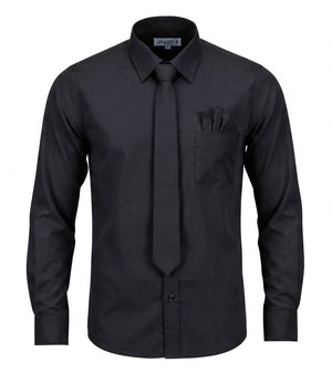 Men's Dress Shirt with Matching Tie Pocket Square Set - Black - Brunello - 1