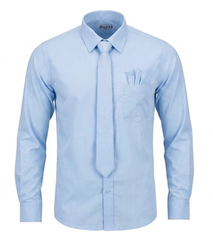 Men's Dress Shirt with Matching Tie Pocket Square Set - Blue - Brunello - 4