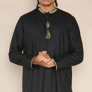 Men's Emirati Omani Thobe Jubba Islamic Clothing Muslim Kaftan Eid Robe Arab String Tassel - Black - Thobez - 2