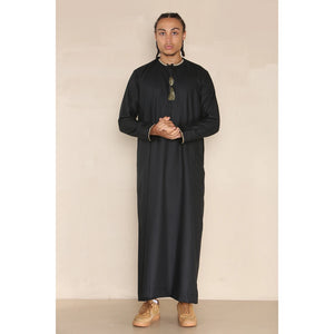 Men's Emirati Omani Thobe Jubba Islamic Clothing Muslim Kaftan Eid Robe Arab String Tassel - Black - Thobez - 3