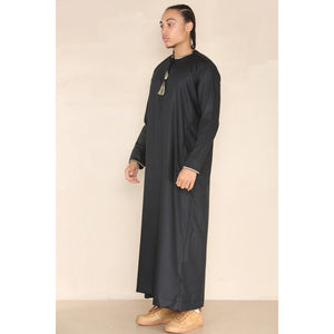 Men's Emirati Omani Thobe Jubba Islamic Clothing Muslim Kaftan Eid Robe Arab String Tassel - Black - Thobez - 4