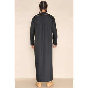 Men's Emirati Omani Thobe Jubba Islamic Clothing Muslim Kaftan Eid Robe Arab String Tassel - Black - Thobez - 6