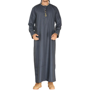 Men's Emirati Omani Thobe Jubba Islamic Clothing Muslim Kaftan Eid Robe Arab String Tassel - Grey - Thobez - 7