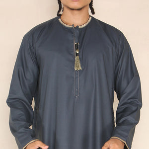Men's Emirati Omani Thobe Jubba Islamic Clothing Muslim Kaftan Eid Robe Arab String Tassel - Grey - Thobez - 8